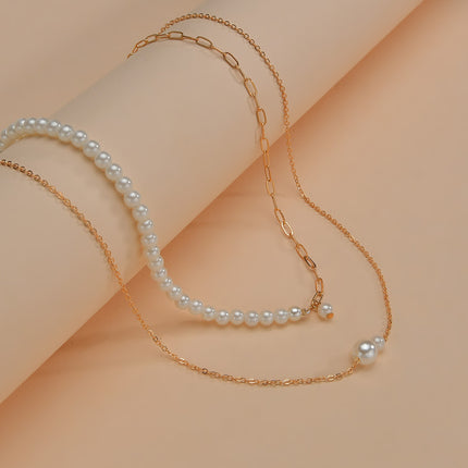 Chain Gold Bead Necklace Pearl Pendant Choker Multi Layer