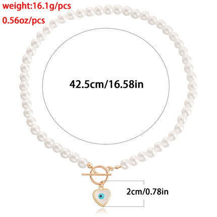 Pearl Beads Chain Necklace Blue Turquoise Heart Pendant Choker - FASHION SHEGOODS LLC