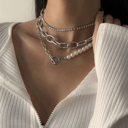Vintage Baroque Pearl Necklace Rhinestone Collarbone Hip Hop Chain