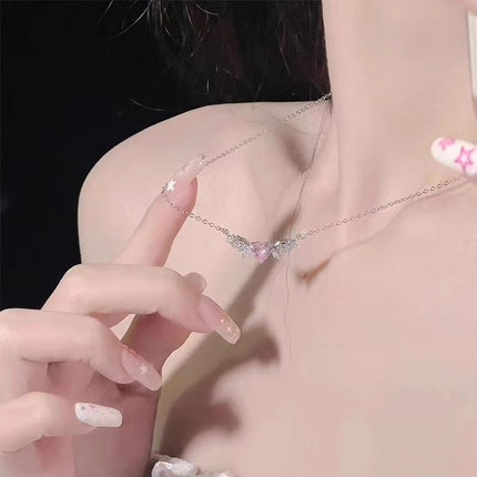 Pink Heart Angel Wings Necklace Bracelet