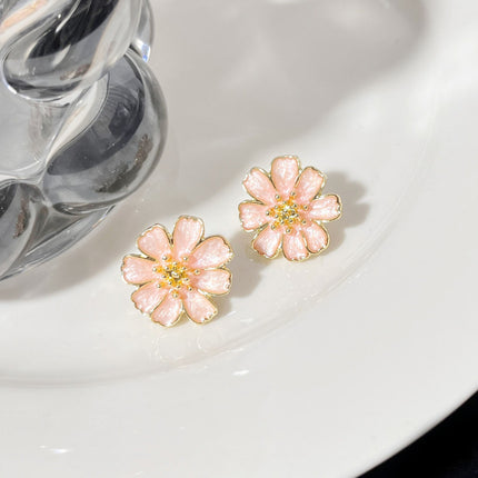 Pink Enamel Floral Stud Earrings