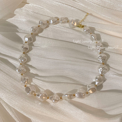 Irregular Baroque Pearl Beaded Necklace for Women Gold Pleated OT Clasp Choker - FASHION SHEGOODS LLC
