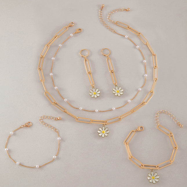 Pearls Daisy Flower Bracelet Earring Necklace Jewelry Set