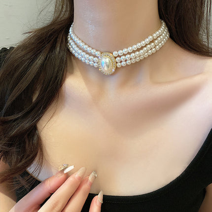 Handmade 3-Layer Retro Necklace for Women round Imitation Pearl Choker - FASHION SHEGOODS LLC
