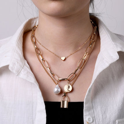 Heart Star Charm Paperclip Chain Choker Necklace Layered Lock Pendant - FASHION SHEGOODS LLC