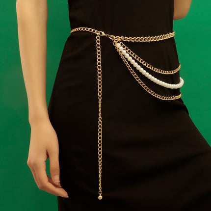 Women Metal Belts Chain Chunky Multi Layer Pearl Waist Chain Belt