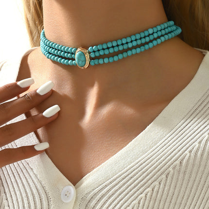 Retro Geometric Beaded Necklace Simple Turquoise Multi-layer