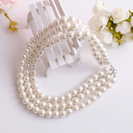 White Pearl Layered Necklace Multi Strand Beaded Pearl Necklace