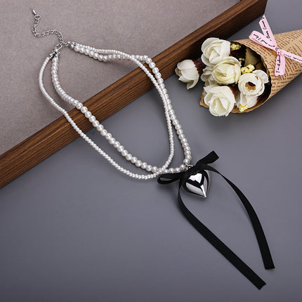 Vintage Love Charm Double Layer Pearl Choker Necklace Ribbon Bow