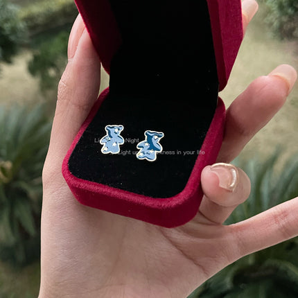 Blue Enamel Cartoon Bear Earring