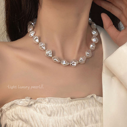Irregular Baroque Pearl Beaded Necklace for Women Gold Pleated OT Clasp Choker - FASHION SHEGOODS LLC