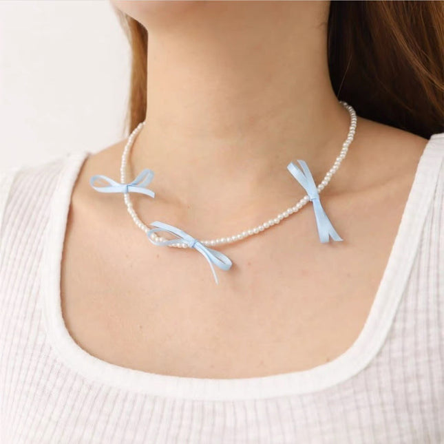 Black Ribbon Bow Pearl Necklace