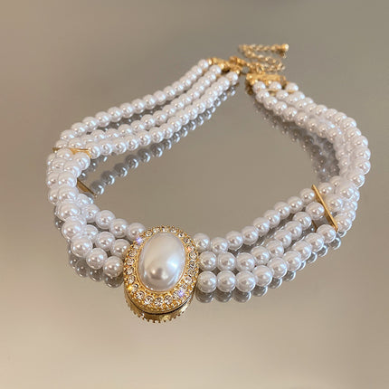 Handmade 3-Layer Retro Necklace for Women round Imitation Pearl Choker - FASHION SHEGOODS LLC