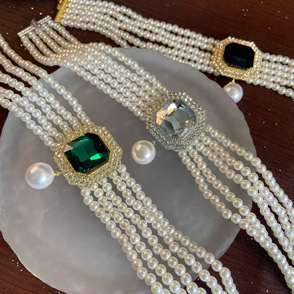 Layered Big Rhinestones Pearl Beads with Green/Red/Transparent Crystal Short Choker Necklace - FASHION SHEGOODS LLC