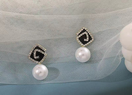 Geometric Square Black Enamel Pearl Earrings