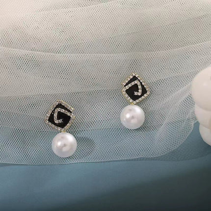 Geometric Square Black Enamel Pearl Earrings - FASHION SHEGOODS LLC