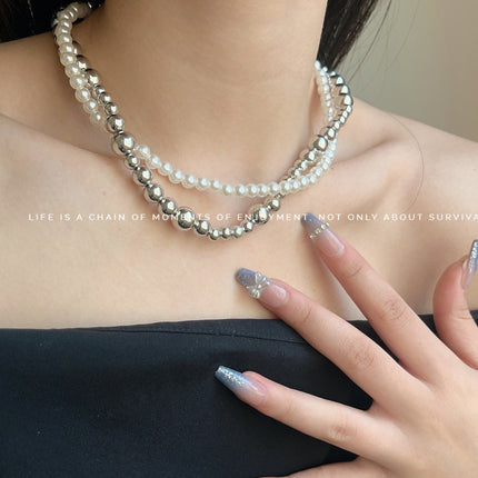 Imitation Pearl Wrapped Necklace Double Layer Magnetic Buckle Neck Chain Choker Necklace - FASHION SHEGOODS LLC