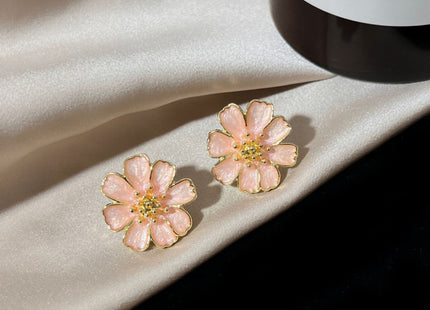 Pink Enamel Floral Stud Earrings