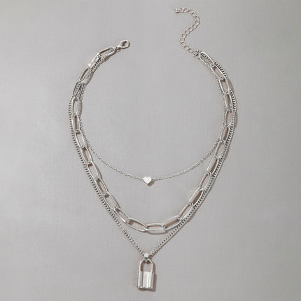 Multi Layered Thick Chain Love Lock Pendant Choker Necklace - FASHION SHEGOODS LLC