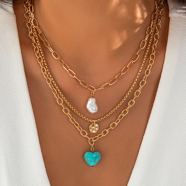 Women Ethnic Baroque Pearl Necklace Set Vintage Turquoise Heart Necklace