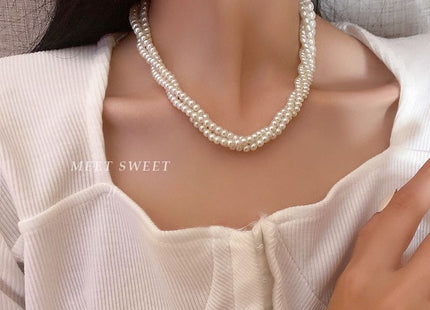 Multi layers women choker Pearl Necklace Round Twisted