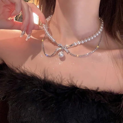 Bow Pearl Necklace Multi Layered Zircon Pearl Clavicular Chain Necklace for Women