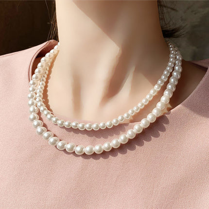 Glass Pearl Double Layer Stacking Choker Necklace - FASHION SHEGOODS LLC