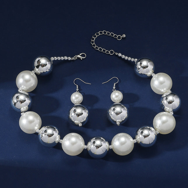 Exaggerated Multi-Layer Pearl Pendant Earring and Necklace Set