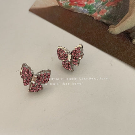 Pink Rhinestone Butterfly Stud Earrings