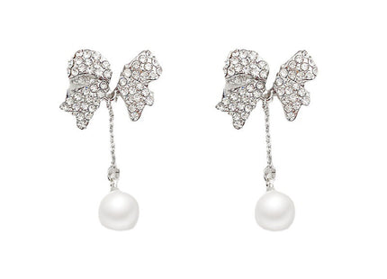 Crystal Rhinestone Bow Pearl Drop Stud Earrings