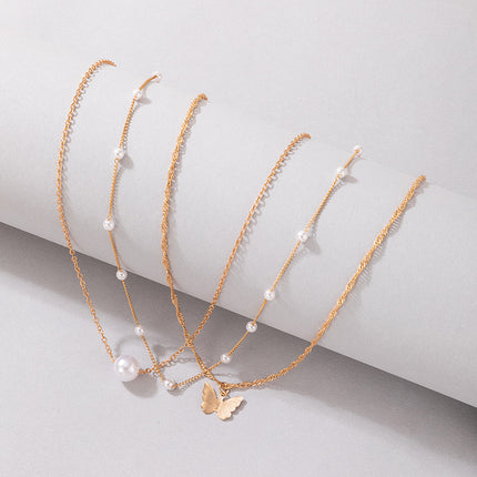 3 Layers Metallic Chain Pearl Butterfly Charm Necklace