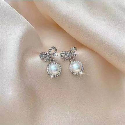 Pearl Rhinestone Bowknot Earrings