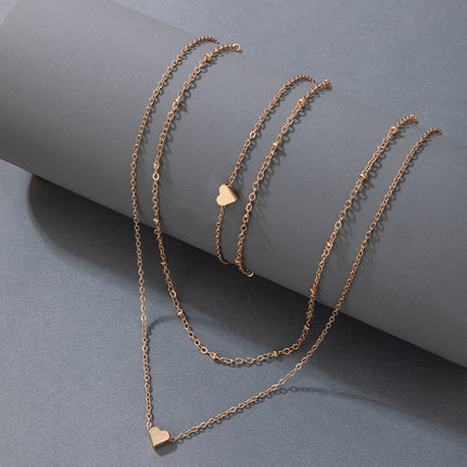 Multi Layer Clavicle Chain Peach Heart Pendant Necklace Jewelry Set - FASHION SHEGOODS LLC