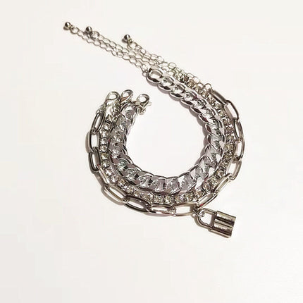 Women Crystal Chain Lock Charm Bracelet Set