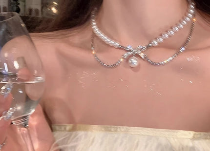 Bow Pearl Necklace Multi Layered Zircon Pearl Clavicular Chain Necklace for Women