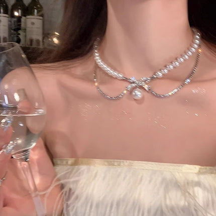 Bow Pearl Necklace Multi Layered Zircon Pearl Clavicular Chain Necklace for Women