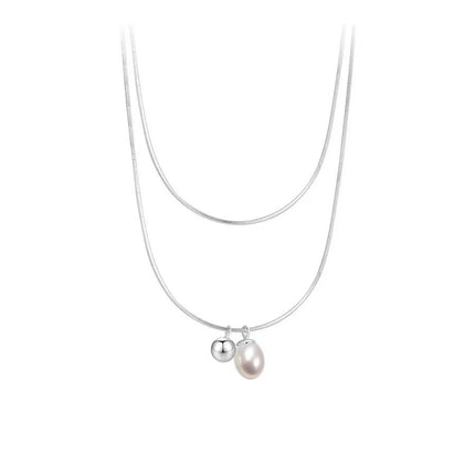 Vintage Pearl Bead Pendant Double-Layer Snake Chain Necklace