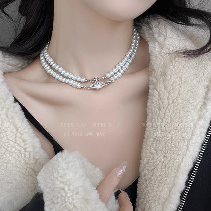 Double Pearl Saturn Magnetic Buckle Necklace