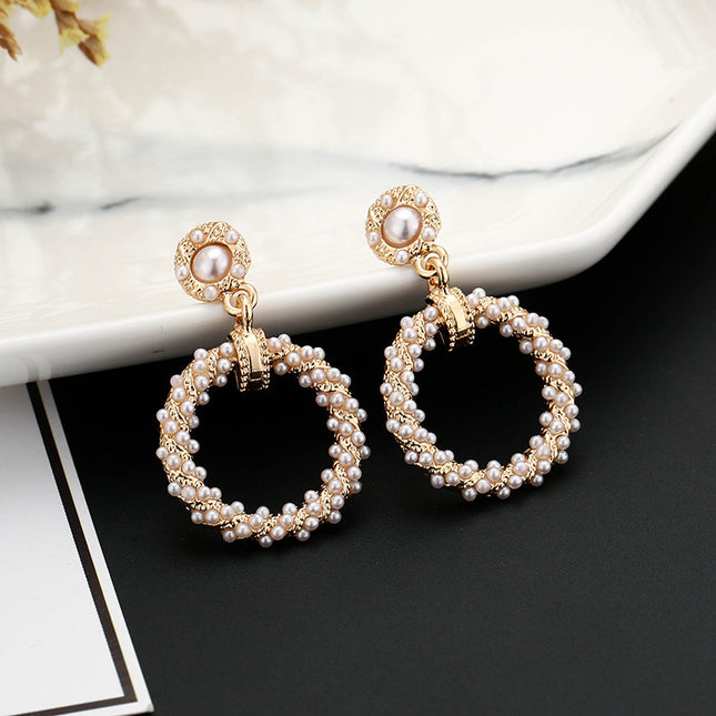 Vintage Round Pearl Pendant Earrings for Women
