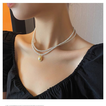 Vintage Double Layer Small Pearls Necklace Women Elegant Glass Pearl