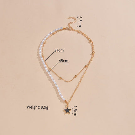 Double Layer Pearl Paperclip Chain Star Pendant Necklace Jewelry