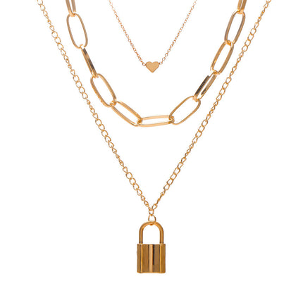 Heart Star Charm Paperclip Chain Choker Necklace Layered Lock Pendant - FASHION SHEGOODS LLC