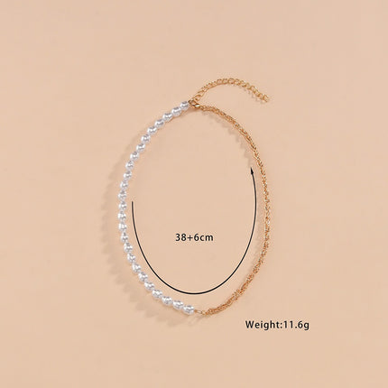 Chain Link Choker Necklace Half Pearl