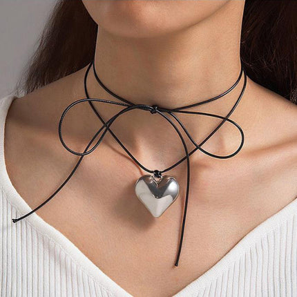 Elegant Goth Black Wax Line Love Heart Pendant Necklace