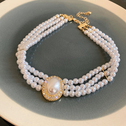 Handmade 3-Layer Retro Necklace for Women round Imitation Pearl Choker - FASHION SHEGOODS LLC