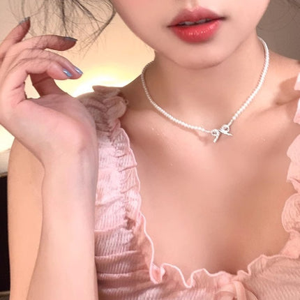 Pearl Chain Choker Necklace for Women Mini Bowknot - FASHION SHEGOODS LLC
