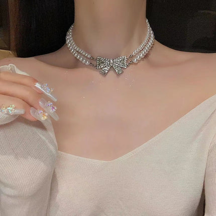 Full Stone Baroque Pearl Double-layer Bow Pendant Necklace - FASHION SHEGOODS LLC