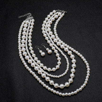 Multi Layers Long Pearl Necklace Earrings Set for Women - FASHION SHEGOODS LLC