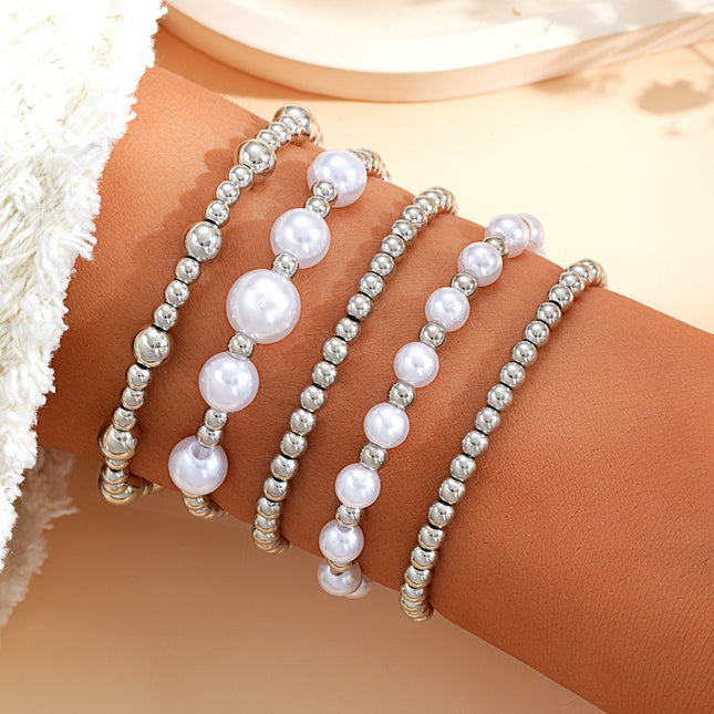 Imitation Pearl Metallic Round Beads Bracelet Set