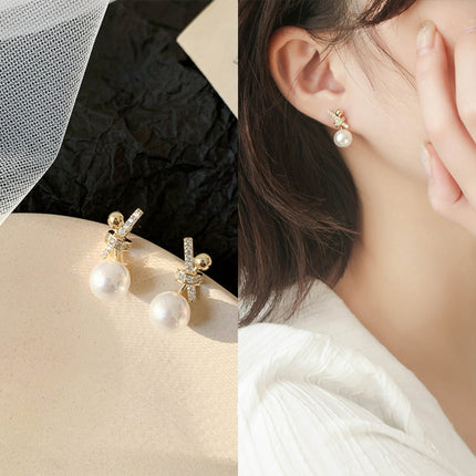 Elegant Rhinestone Bowknot Pearl Stud Earrings
